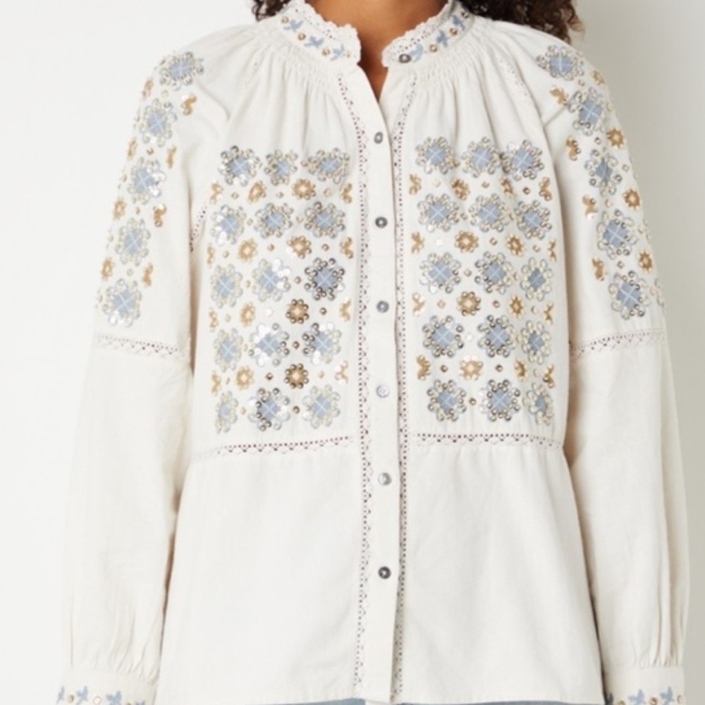 Antik Batik Cream Blouse with Blue and Gold Embroidery Blouse